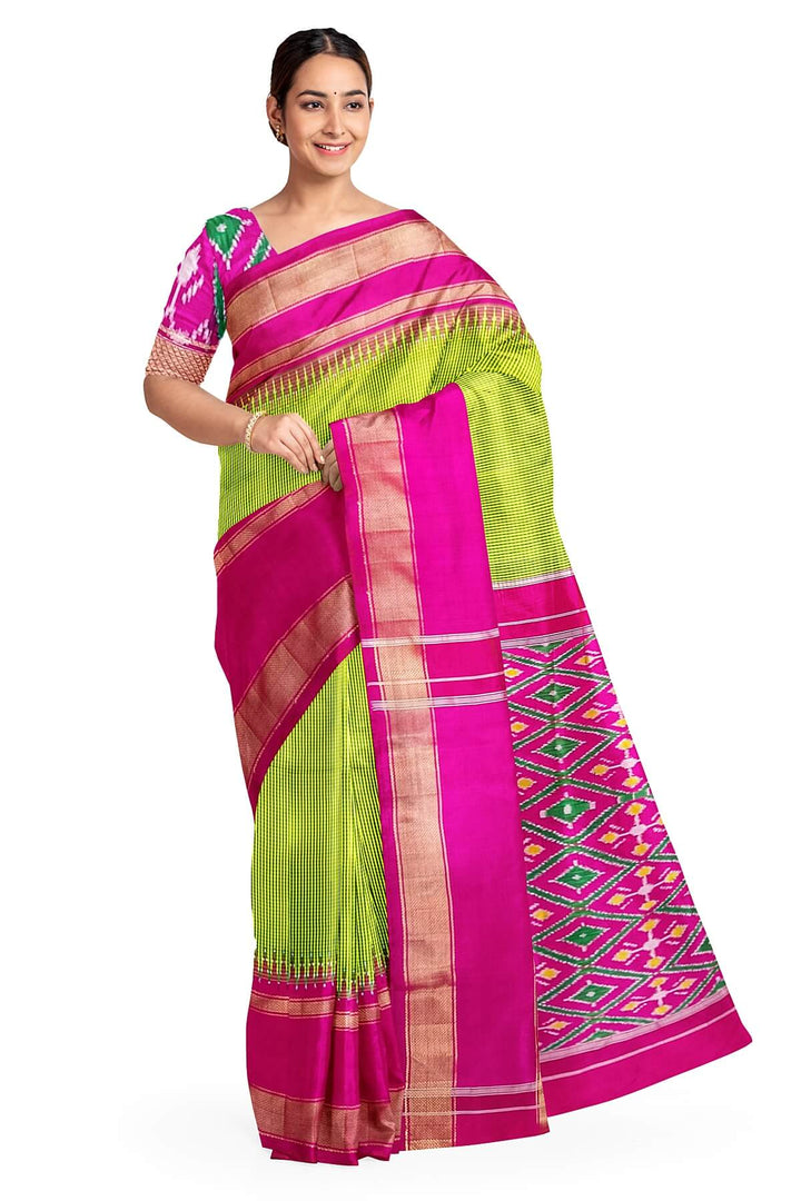 Handwoven Ikat pure silk saree in green  in fine checks