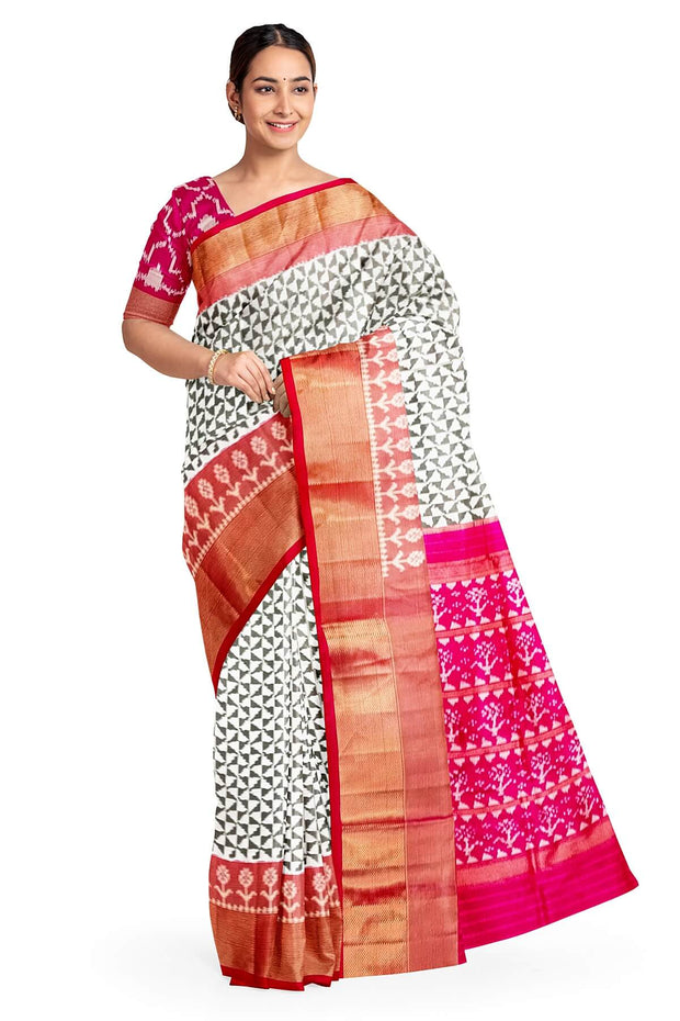 Handwoven ikat pure silk saree in off white in floral pattern