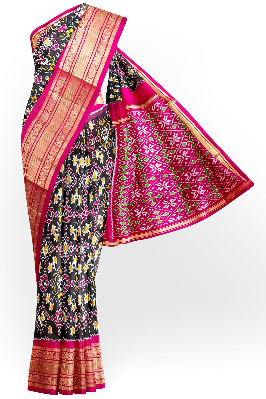 Handwoven ikat pure silk saree in black in navratan pattern