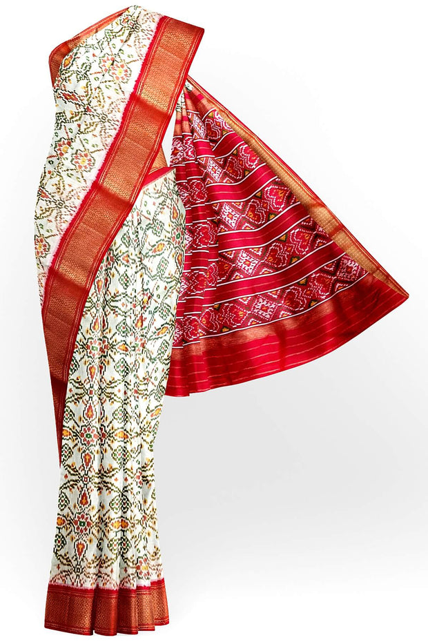 Handwoven ikat pure silk saree in off white in pan bhat pattern