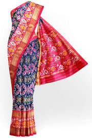 Handwoven ikat pure silk saree in navy blue in floral pattern