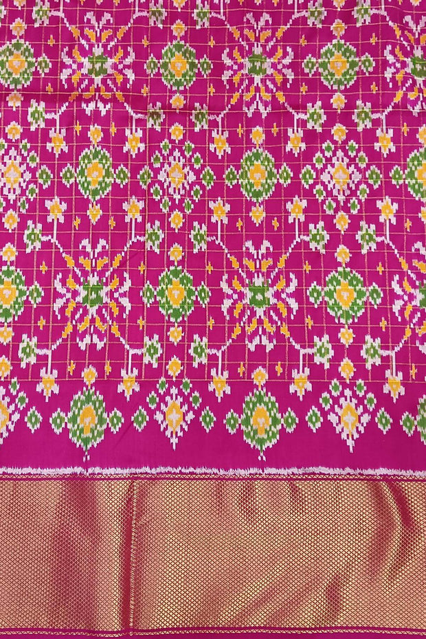 Handwoven ikat pure silk saree in orange with zari checks