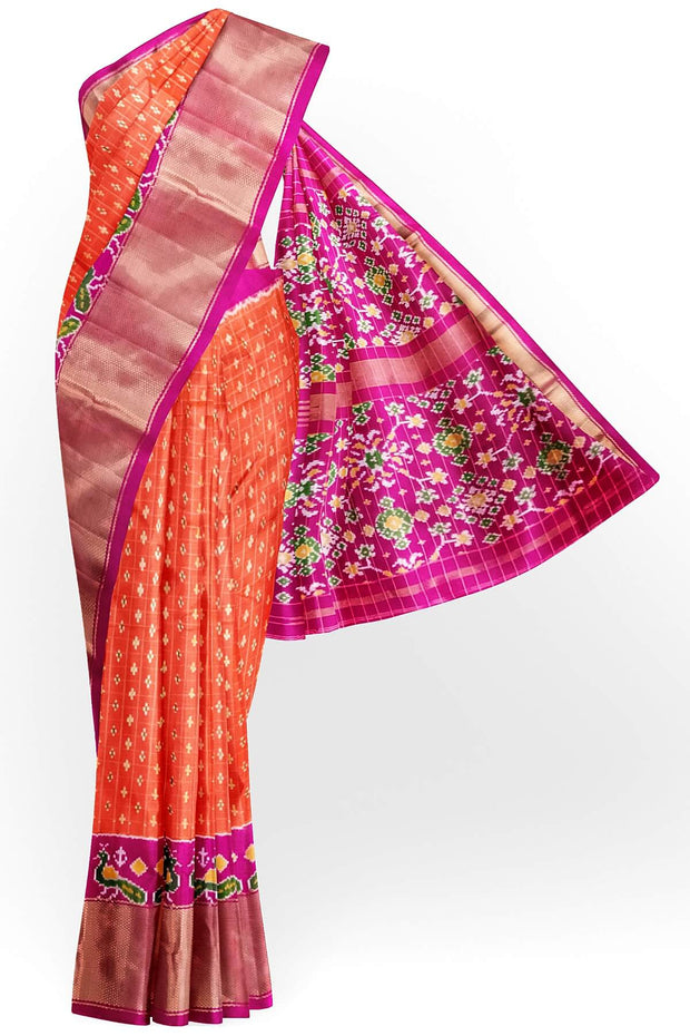 Handwoven ikat pure silk saree in orange with zari checks