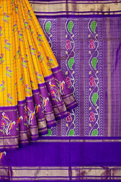 Handwoven ikat silk tissue saree in mustard with parrot motifs