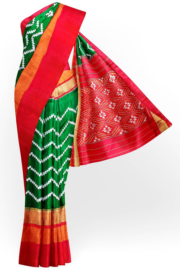 Ikat pure silk saree in dark green in zigzag pattern