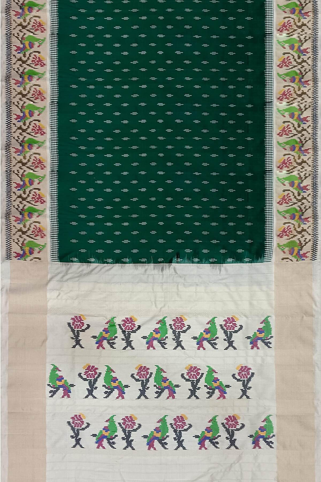 Handwoven ikat pure silk saree in dark green with small motifs