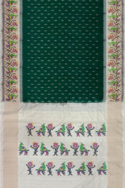 Handwoven ikat pure silk saree in dark green with small motifs