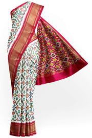 Handwoven ikat pure silk saree in off white in pan bhat pattern