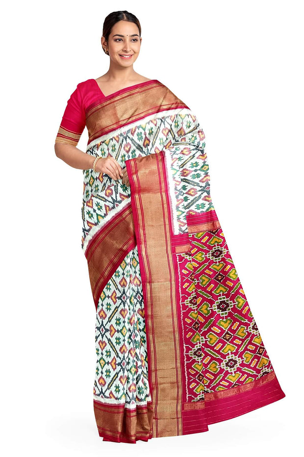 Handwoven ikat pure silk saree in off white in pan bhat pattern