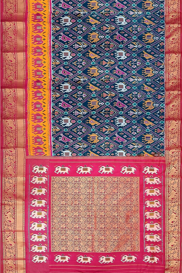 A peacock blue ikat pure silk saree in narikunj pattern with elephant motifs in skirt border.