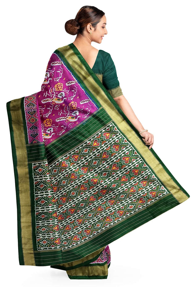 Handwoven ikat pure silk saree in  purple with bird motifs