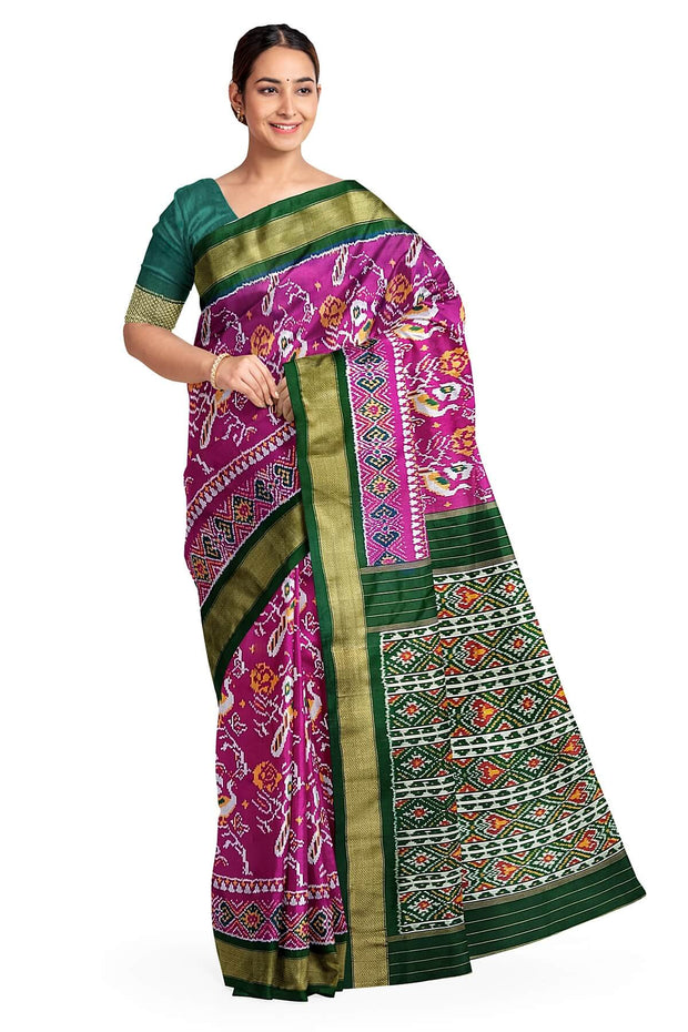 Handwoven ikat pure silk saree in  purple with bird motifs