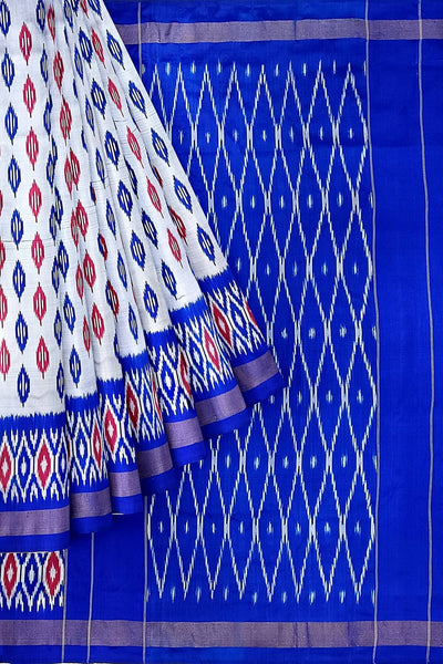 Handwoven ikat pure silk saree in silver with leaf motifs on the body
