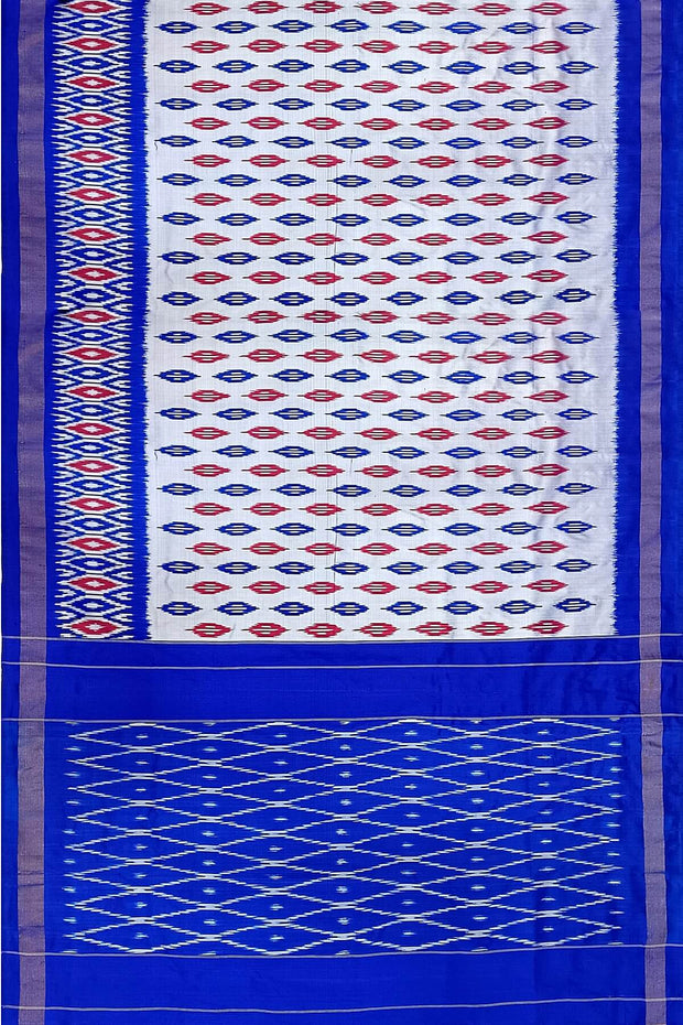 Handwoven ikat pure silk saree in silver with leaf motifs on the body