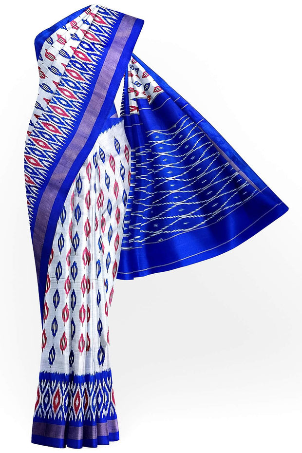 Handwoven ikat pure silk saree in silver with leaf motifs on the body