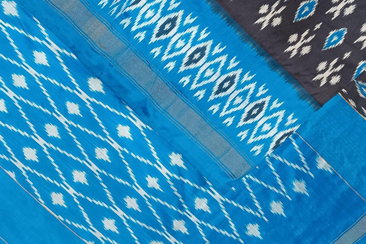 Handwoven ikat pure silk saree in grey with absract pattern on the body
