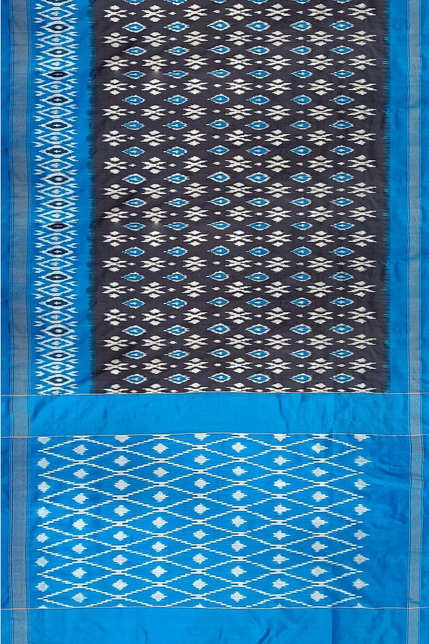 Handwoven ikat pure silk saree in grey with absract pattern on the body