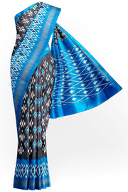 Handwoven ikat pure silk saree in grey with absract pattern on the body