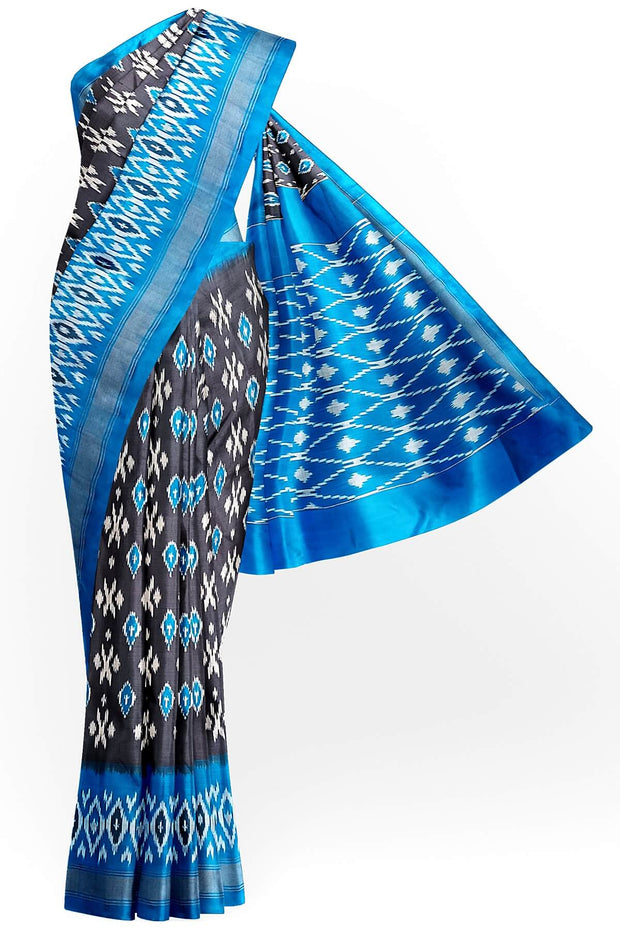 Handwoven ikat pure silk saree in grey with absract pattern on the body