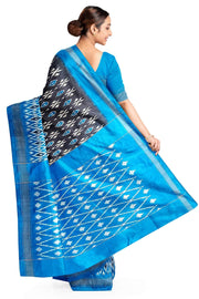 Handwoven ikat pure silk saree in grey with absract pattern on the body