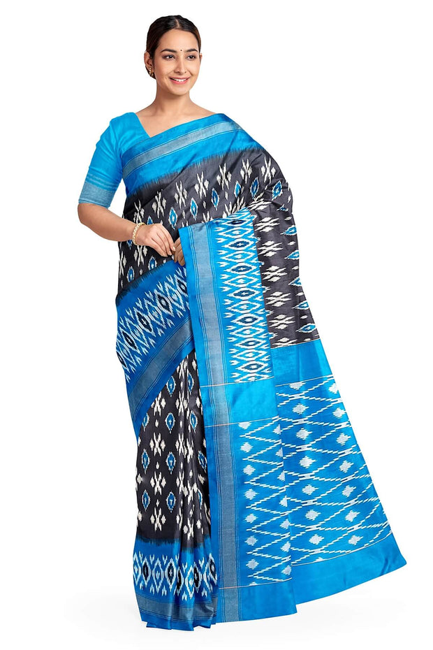 Handwoven ikat pure silk saree in grey with absract pattern on the body