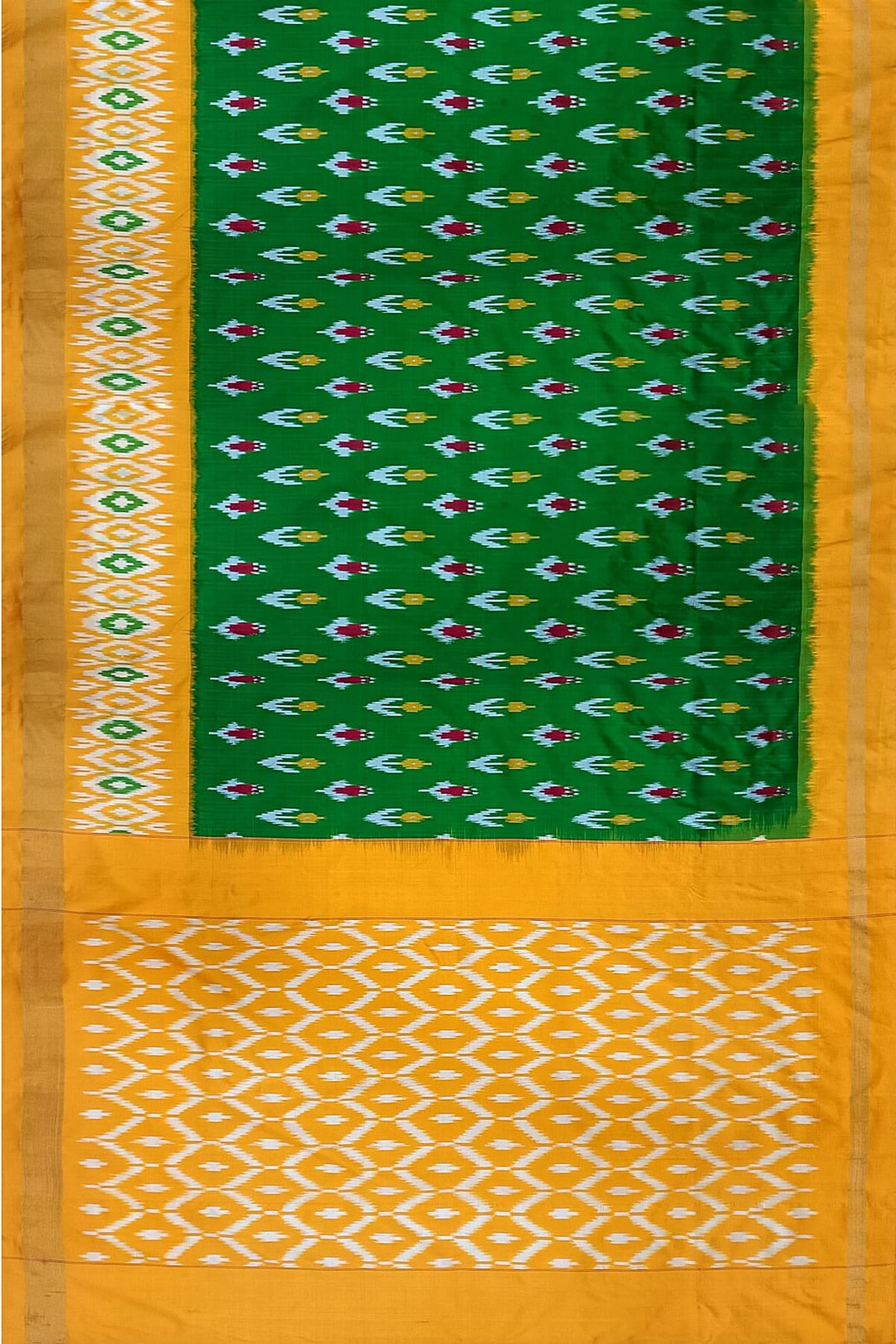 Handwoven ikat pure silk saree in green with anchor motifs on the body
