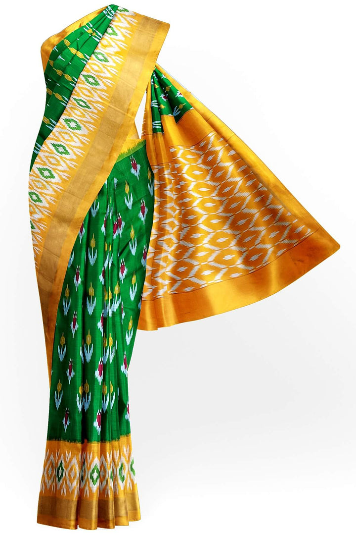 Handwoven ikat pure silk saree in green with anchor motifs on the body