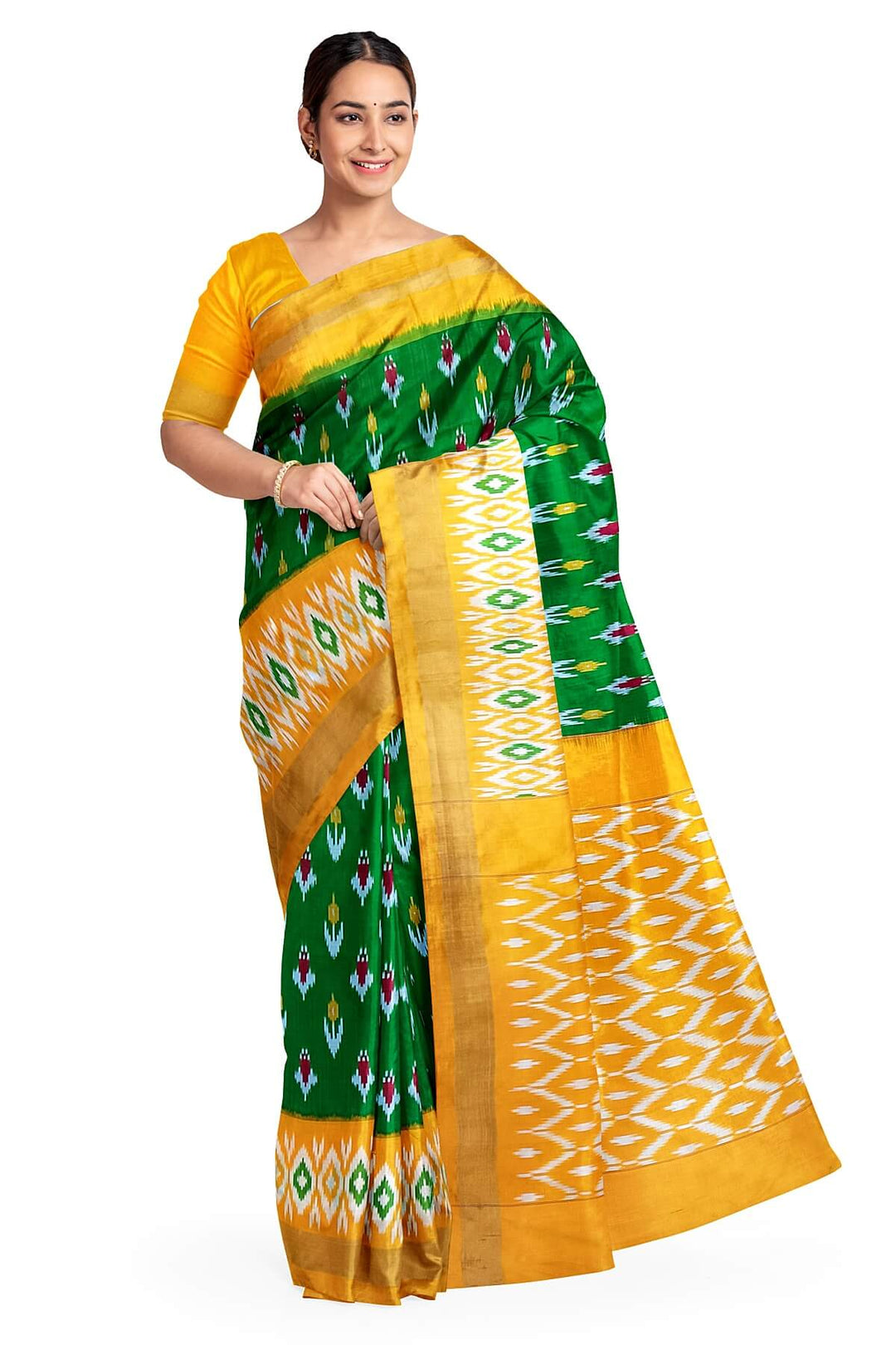 Handwoven ikat pure silk saree in green with anchor motifs on the body