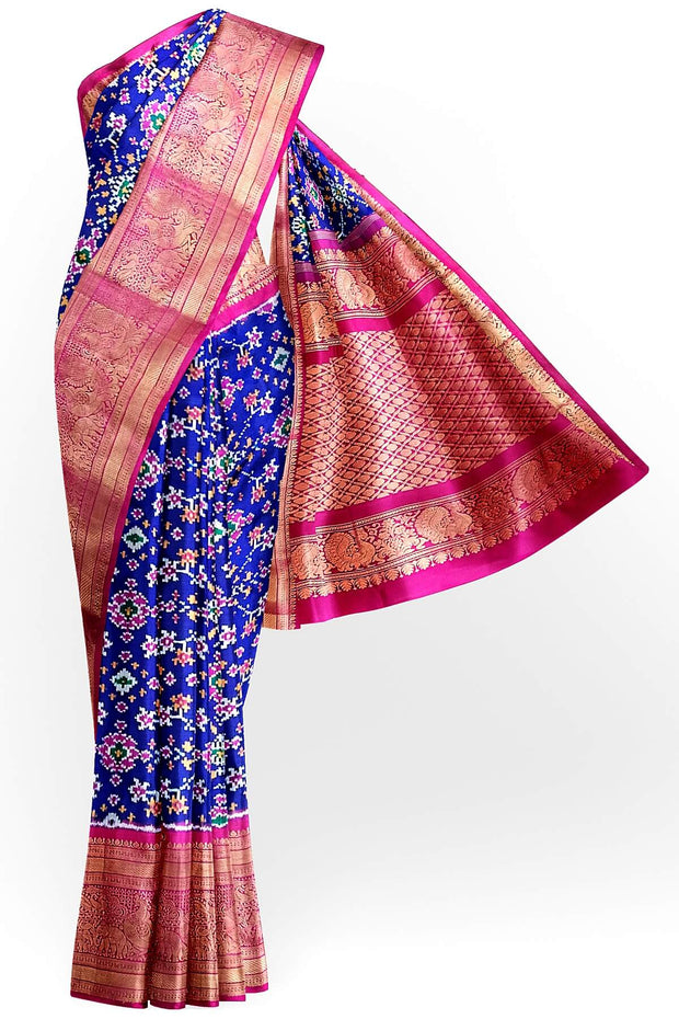 A blue colour  ikkat pure silk saree in navratan pattern .