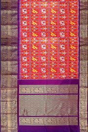 An orange colour ikkat pure silk saree in narikunj  pattern .