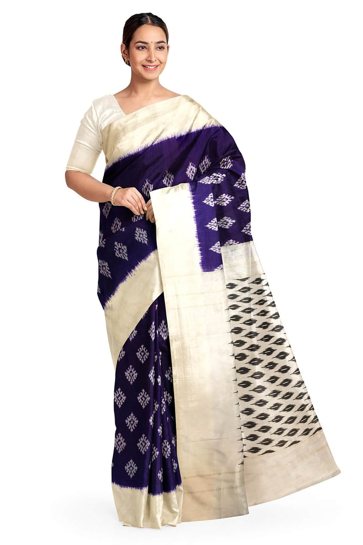 Handwoven ikat pure silk saree in purple with diamond motifs