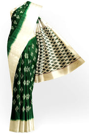 Handwoven ikat pure silk saree in green with diamond motifs