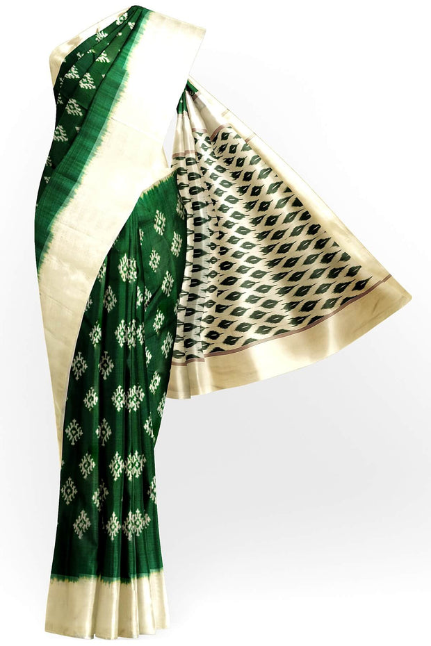 Handwoven ikat pure silk saree in green with diamond motifs