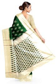 Handwoven ikat pure silk saree in green with diamond motifs