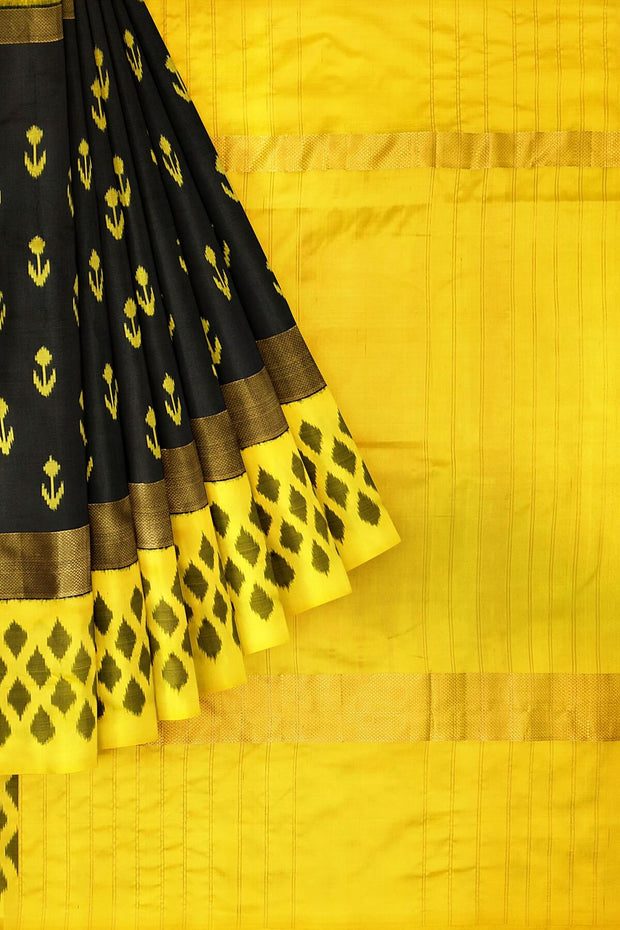 Handwoven ikat pure silk saree in black with anchor motifs