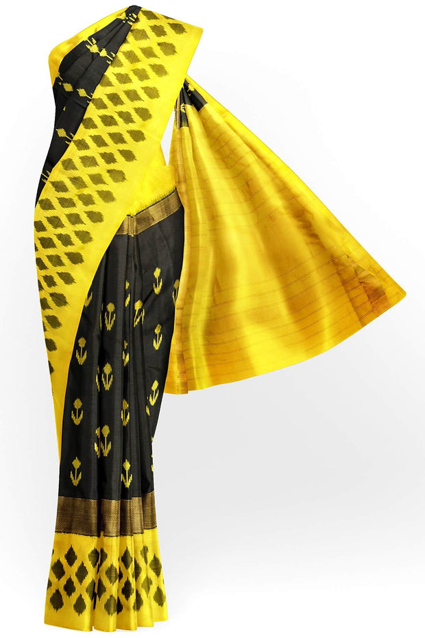 Handwoven ikat pure silk saree in black with anchor motifs
