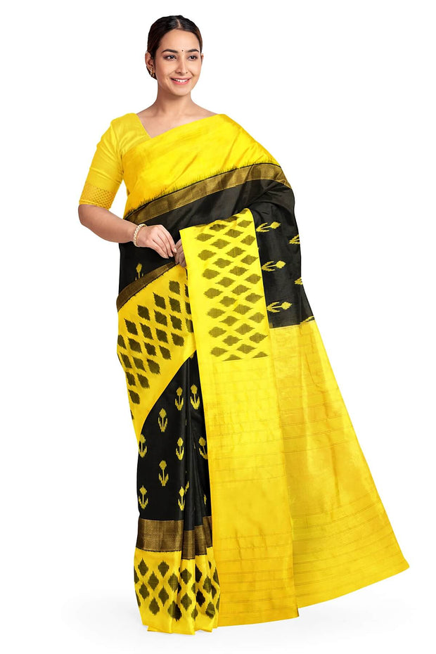 Handwoven ikat pure silk saree in black with anchor motifs