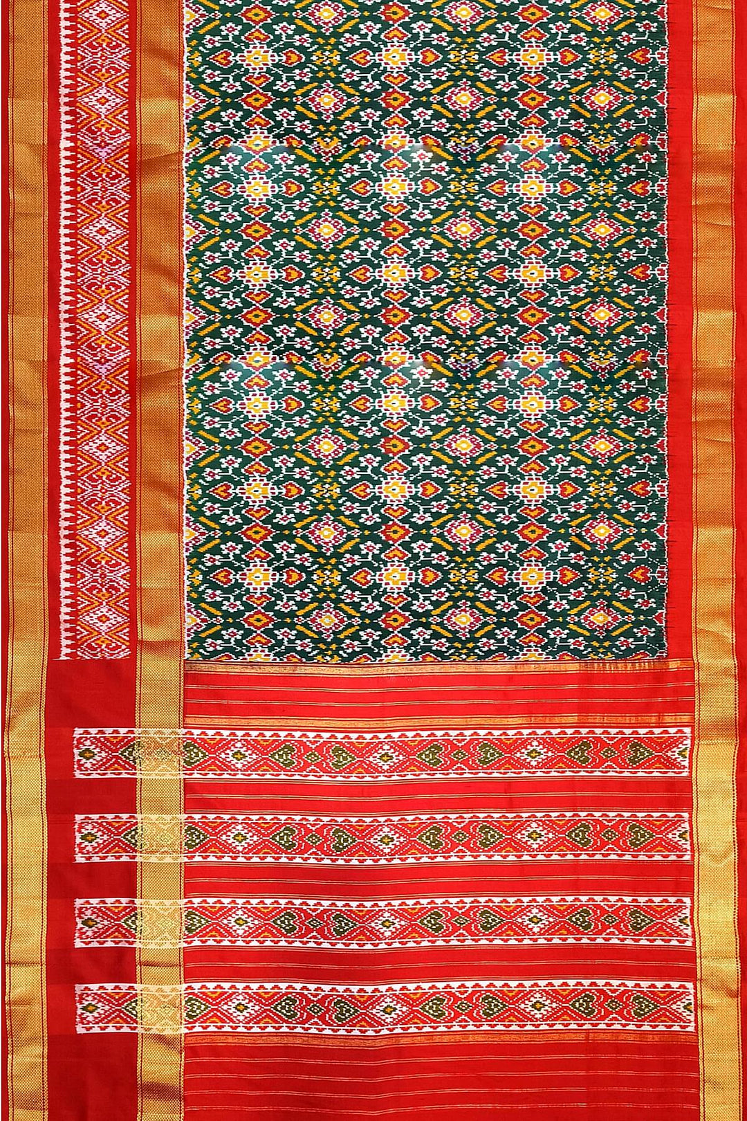 Ikkat pure silk saree in bottle green with a combo of navratan &  pan bhat pattern.