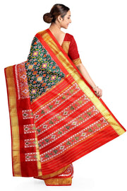 Ikkat pure silk saree in bottle green with a combo of navratan &  pan bhat pattern.
