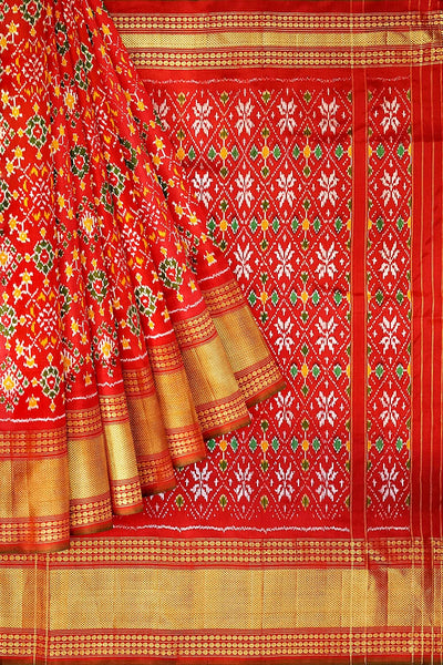 Ikkat pure silk saree in red in navratan pattern.