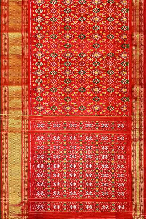 Ikkat pure silk saree in red in navratan pattern.