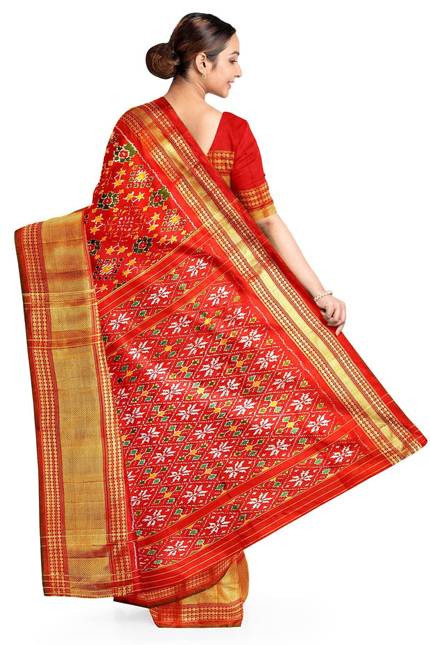 Ikkat pure silk saree in red in navratan pattern.