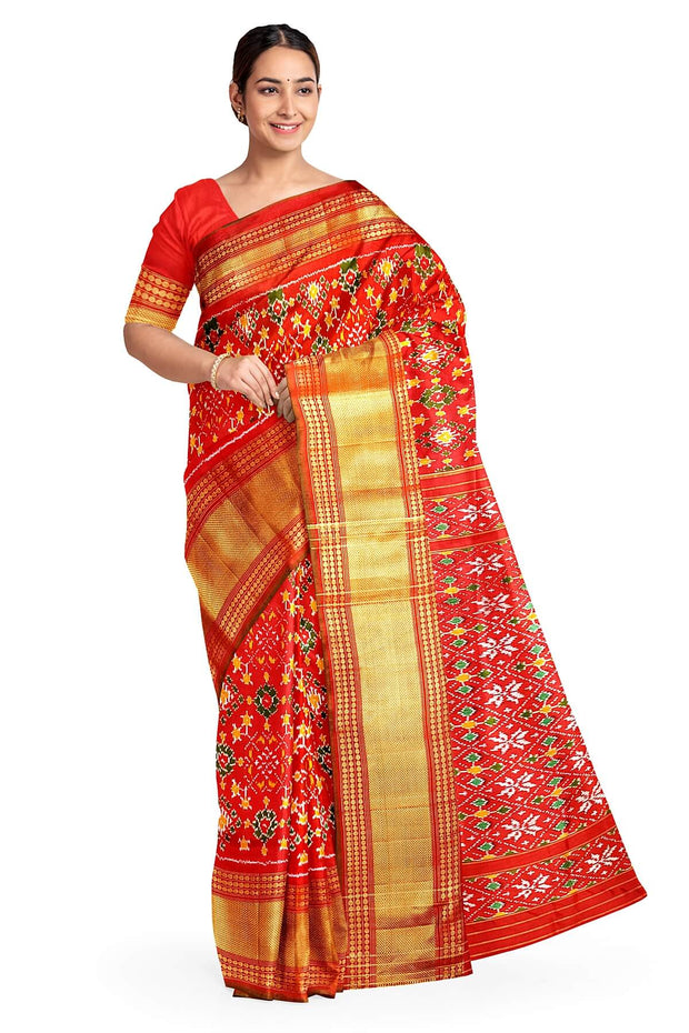 Ikkat pure silk saree in red in navratan pattern.