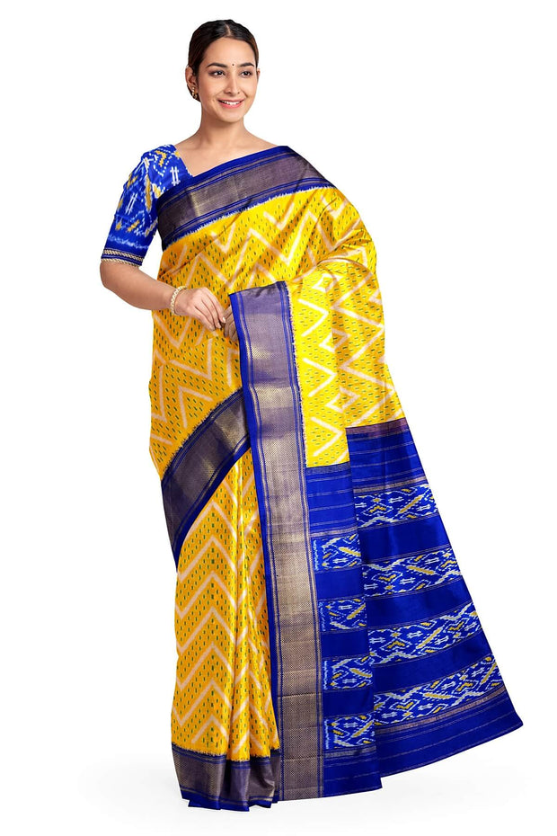 Ikkat pure silk saree in yellow in zig zag pattern.