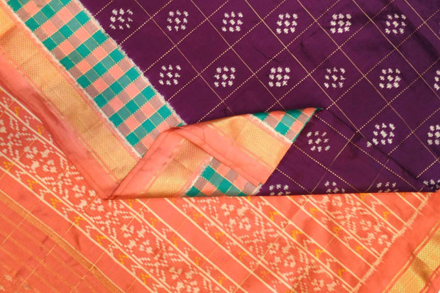 Ikat pure silk saree in wine with checks & buttis