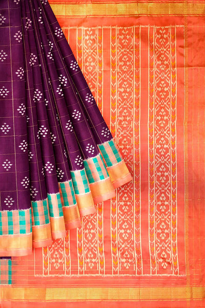 Ikat pure silk saree in wine with checks & buttis