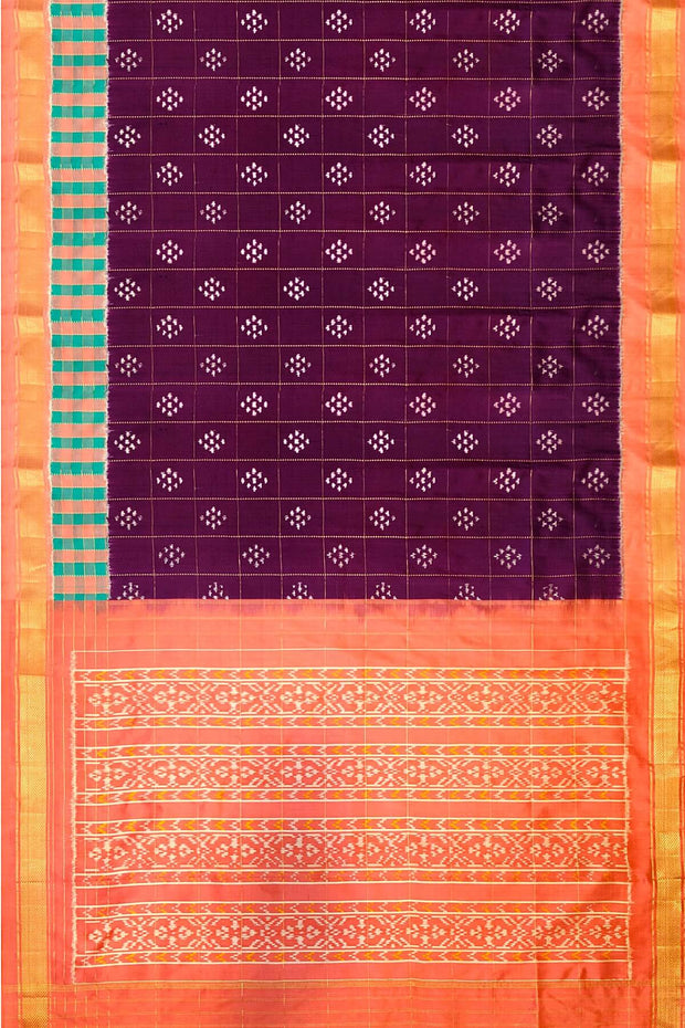Ikat pure silk saree in wine with checks & buttis