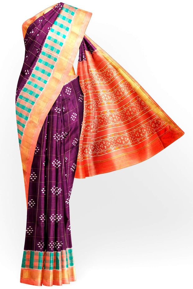 Ikat pure silk saree in wine with checks & buttis