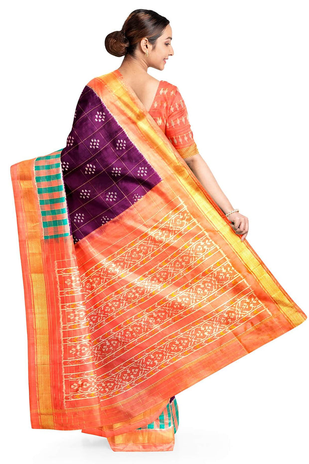 Ikat pure silk saree in wine with checks & buttis