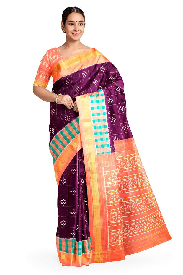Ikat pure silk saree in wine with checks & buttis